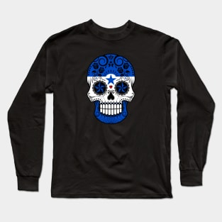 Honduras Flag Sugar Skull with Roses Long Sleeve T-Shirt